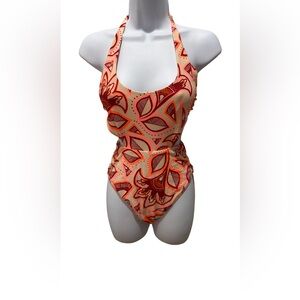 aerie Peach Floral One-Piece Swimsuit with Coral and Maroon Accents